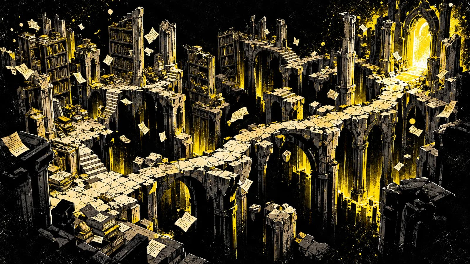 A shattered archive with book-lined ruins and a glowing exit above a sea of ink.