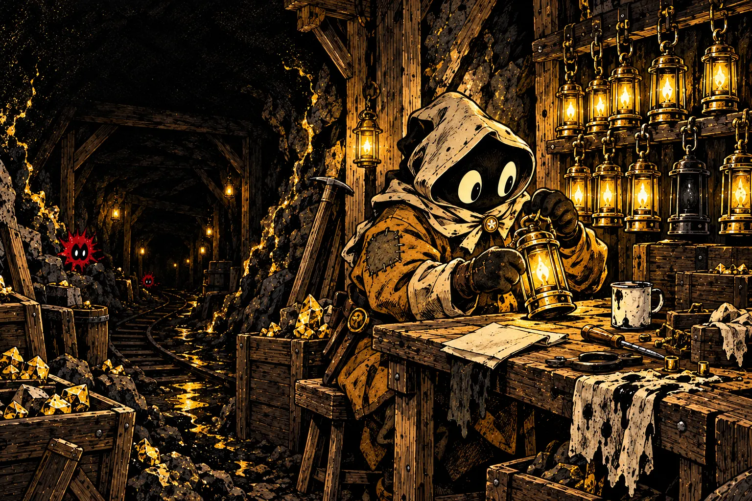 Mara Wick repairs a lantern beside a row of mining lamps.