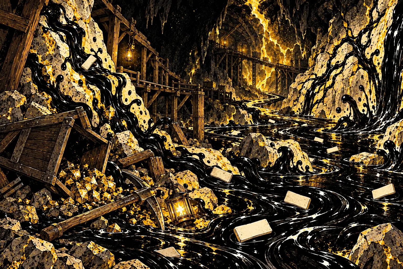 A river of living ink cutting through ivory stone beneath abandoned mining walkways.
